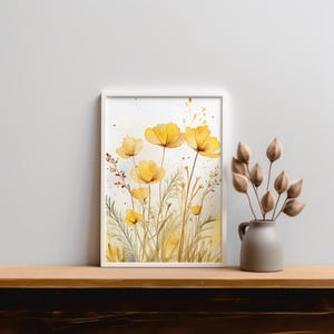 Yellow Poppy Watercolor Art Print / Minimalist Floral Wall Decor / Soft Botanical Digital Print / Instant Download