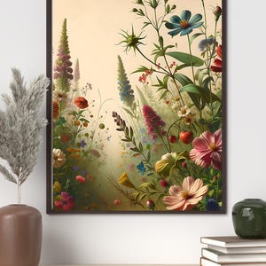 Countryside Floral Wall Art Print, Rustic Summer Garden Landscape, Cottagecore Nature-Inspired Floral Decor, Cozy Home Gift