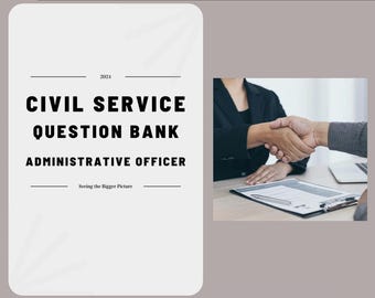 May include: Image features text: "CIVIL SERVICE QUESTION BANK ADMINISTRATIVE OFFICER" with "2024" above and "Seeing the Bigger Picture" below. A handshake is shown in the corner, suggesting a job or business context.