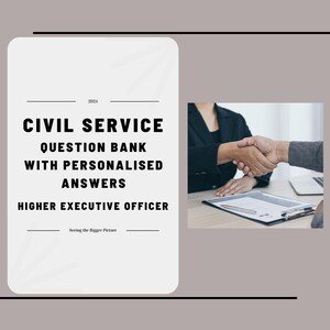 Peut inclure: L'image présente le texte : "CIVIL SERVICE QUESTION BANK WITH PERSONALISED ANSWERS HIGHER EXECUTIVE OFFICER" et "Seeing the Bigger Picture". Une poignée de main est montrée, avec un document et un ordinateur portable en arrière-plan. Le fond est de couleur gris clair.