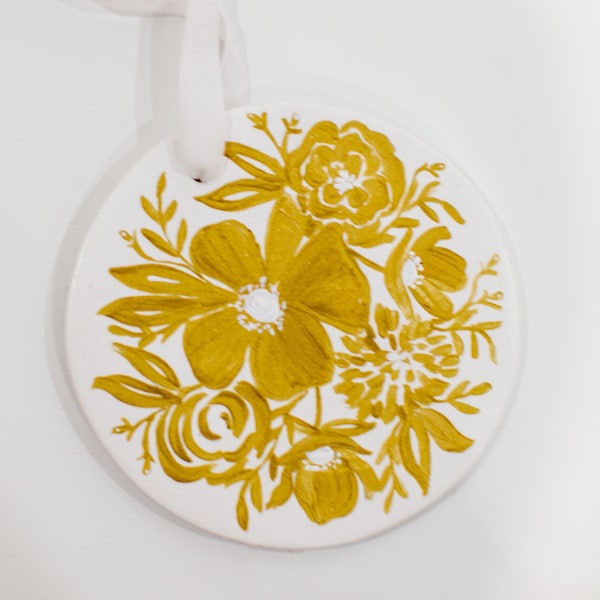 Hand Painted Ceramic Christmas Ornament - Metallic Gold Florals on White