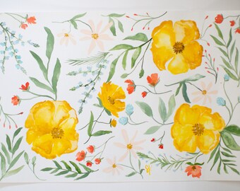 Original Gouache Painting on Paper - Signature Yellow Florals - 12"x18" Unframed