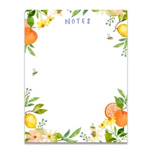 May include: White notepad with watercolor illustrations of oranges, lemons, flowers, and bees. The word "NOTES" is written in light blue at the top. The design features a vibrant, botanical theme.