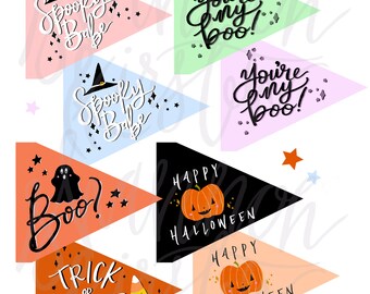 Printable Halloween Pennant Flag Bundle - Hand Painted Illustrations and Lettering - Digital Files - Holiday DIY