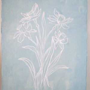Blooms in Blue -  Daffodil - Original Watercolor on Deckled Edge Paper - 8x10 - Unframed
