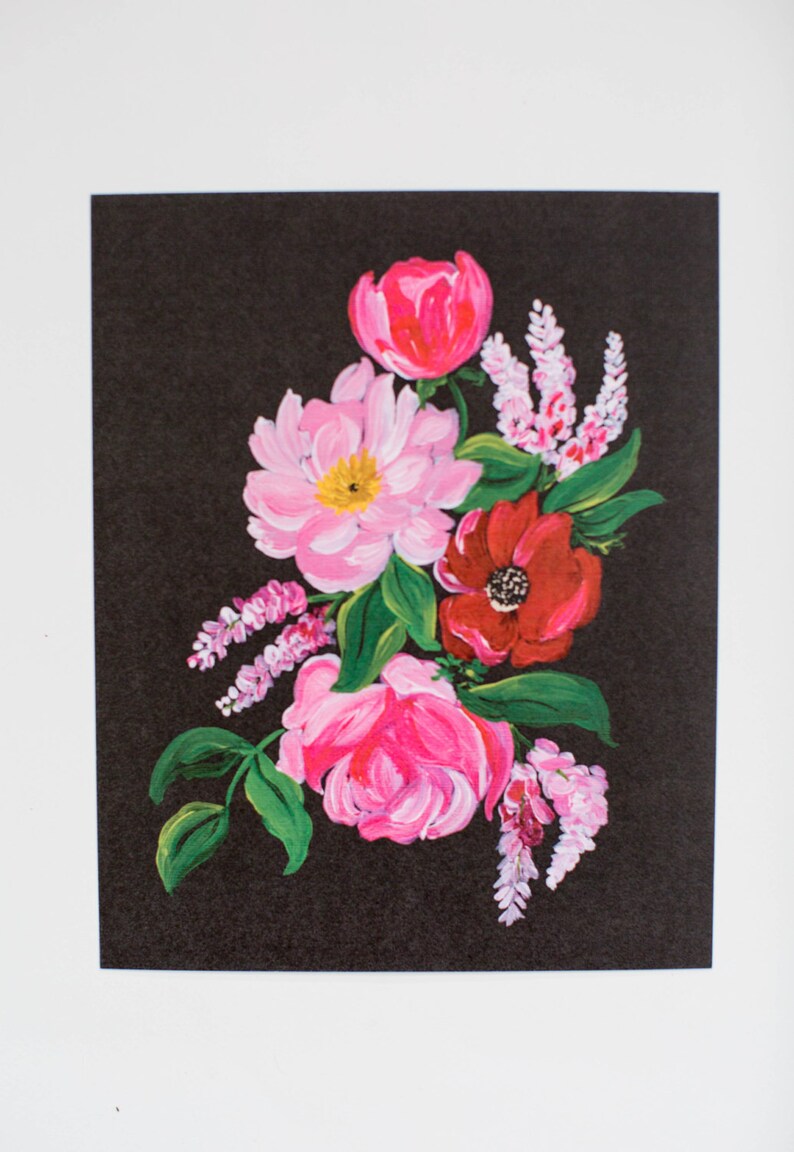 Painted Florals Red & Pink Flowers on Black Floral Print 8 x 10 image 1