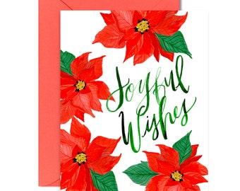 Holiday Greeting Cards - Poinsettia Joyful Wishes - Single A-2 Card