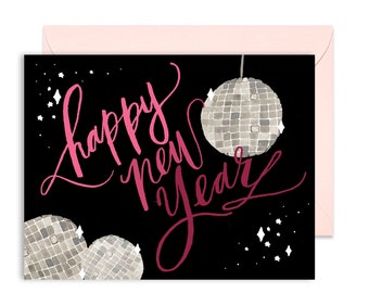 Holiday Greeting Cards - Happy New Year - Disco Ball Illustration - Single A-2 Card