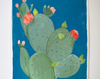 Original Gouache Painting on Paper - Cactus on Blue - 11" x 15" Unframed