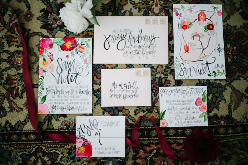 Bohemian / Wildflower Botanical Inspiration Watercolor Illustrattions & Calligraphy Wedding Invitation Suite Fully Customizable image 4