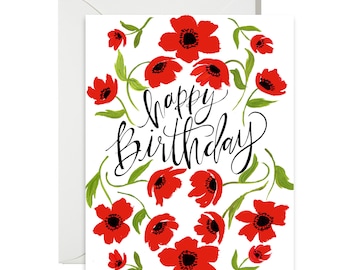 Happy Birthday - Red Poppy Florals - Painted Greeting Cards - A-2