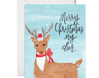 Holiday Greeting Cards - Merry Christmas My Deer - Reindeer Illustration - Single A-2 Card