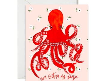 General / Friendship Greetings - You Octopi My Heart- Octopus And Floral Print - Painted & Hand Lettered Cards - A-2