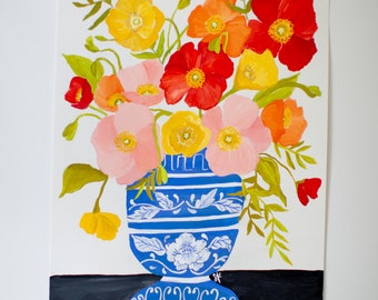 Original Gouache Painting on Paper - Icelandic Poppies in Vase - 11" x 15" Unframed