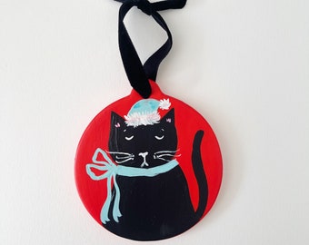 Hand Painted Ceramic Christmas Ornament - Black Christmas Cat