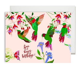 Birthday Greetings - Happy Birthday  - Hummingbirds and Florals - Painted & Hand Lettered Cards - A-2