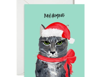 Holiday Greeting Cards - Bah Humbug - Grumpy Christmas Cat Illustration - Single A-2 Card