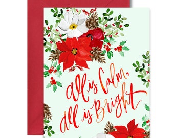 Holiday Greeting Cards - Allis Calm - Poinsettia Floral Print - Single A-2 Card