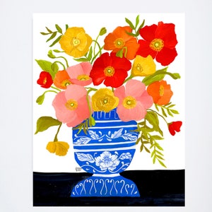 Icelandic Poppies in Blue Vase - 11 x 14 - Watercolor - Illustration - Art Print