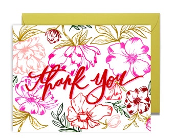 Thank You Greetings - Thank You - Peony - Floral Print - Line Art Flowers - Painted & Hand Lettered Cards - A-2