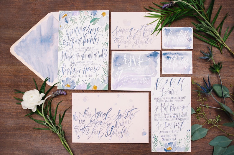 French Blue & Lavender Florals Painted Calligraphy Hand Lettering Watercolor Wedding Invitation Suite Color Customizable image 1