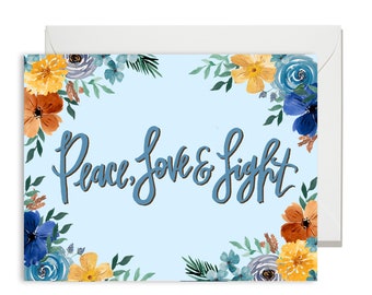 Holiday Greeting Cards - Hanukkah - Peace Love Light - Floral Print - Single A-2 Card