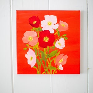 Pink and Red Poppies on Bright Red - original painting - original art - gouache painting - 12”x 12” canvas