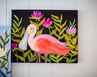 Roseate Spoonbill with Florals on Black  - Original Painting - Gouache & Acrylic on Canvas - 20" x 20"