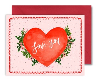 Love & Friendship - Love You Red And Pink Floral Heart - Single Card A-2