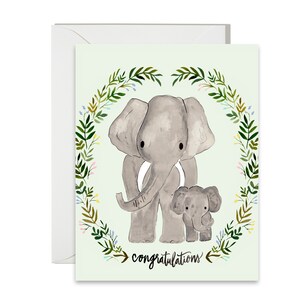 Baby Congratulation Greeting - Mint Green - Elephants and Wreath  - Painted & Hand Lettered Cards - A-2
