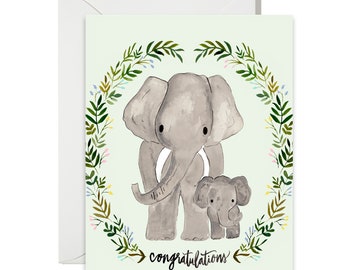 Baby Congratulation Greeting - Mint Green - Elephants and Wreath  - Painted & Hand Lettered Cards - A-2