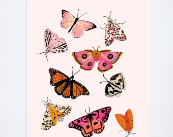 Moths & Butterflies - Orange and Pink- 11 x 14 - Watercolor - Illustration - Art Print