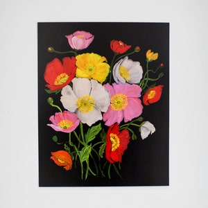 Fiori dipinti - Papaveri islandesi colorati su nero - Stampa floreale - 11x14