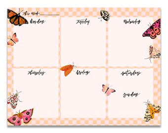 Butterfly & Moth Weekly Planner Notepad - Pink and Orange Checkerboard - Stationery and Office Accessories - Gifts