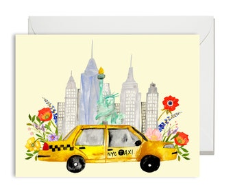 General Friendship Greetings - Yellow Floral NYC Scene   - Painted & Hand Lettered Cards - A-2