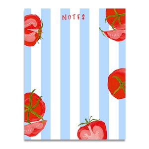 May include: A blue and white striped notepad with the word "NOTES" printed in red. There are five red tomatoes drawn on the notepad, some are whole and some are sliced in half.
