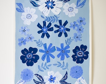 Original Gouache Painting on Paper - Blue Flower Fields - 11" x 14" Unframed