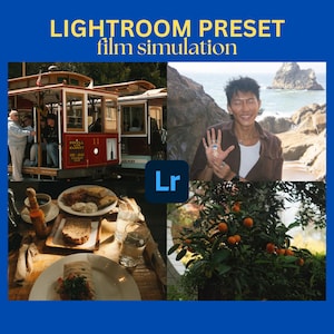 May include: A collage of four images showcasing a Lightroom preset for film simulation. The top left image shows a red and white trolley car. The top right image shows a person wearing a brown jacket. The bottom left image shows a wooden table with food and a glass of water. The bottom right image shows a green bush with orange fruit.