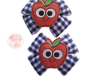 Apple Pigtail Bows: Navy Gingham Glitter Apple Hair Clips (Set of 2)