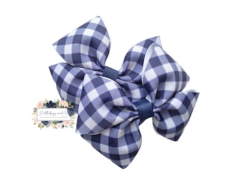 Navy Gingham Pigtail Bows - Back to School Hair Clips - Set of 2