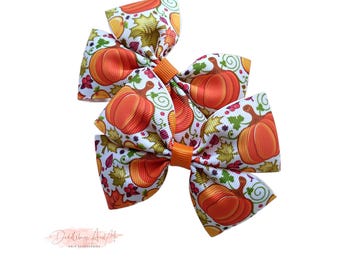 Pumpkin & Fall Leaves Hair Bow Set: Grosgrain Ribbon Barrettes