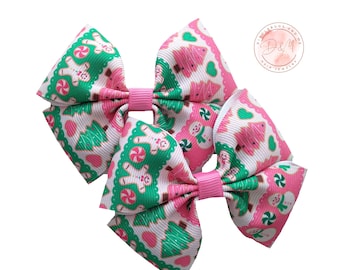 Christmas Hair Bows Set: Pink & Green Gingerbread, Snowman (3.5")