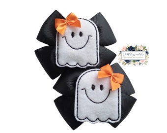 Ghost Pigtail Bows Halloween Bows Black And White Small Bows Set of 2 Choice of Hair Clip Piggy Tail Barrette Gift For Girls