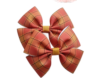 Plaid Fall Hair Bows: Orange Pumpkin Barrettes, Set of 2