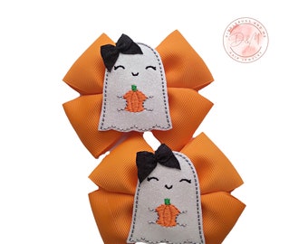 Halloween Ghost Hair Bows, Embroidered Pumpkin Applique, Set of 2