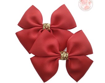 Red Grosgrain Christmas Bows, Gold Glitter Pigtail Hair Clip, Set of 2