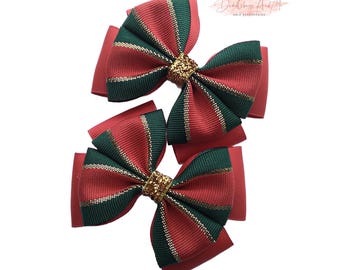 Christmas Hair Bows: Red, Hunter Green, and Gold Glitter (Set of 2)