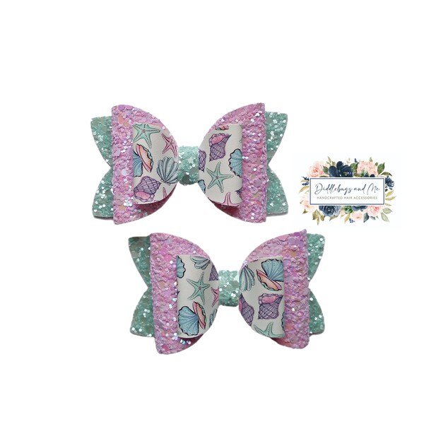 Seashell Pigtail Bows, Beach Barrettes, Lavender Glitter Bows, Small 3 Inch Bow, Summer Hair Clips, Gift For Girls, Aqua And Purple