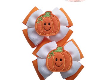 Happy Pumpkin Hair Bows - Fall Pigtail Set - Grosgrain Ribbon