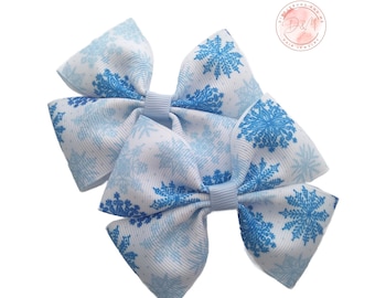 Blue Snowflakes Hair Bow Set, Christmas Bows, Set of 2, Gift For Girls, Snowflake Hair Clip, Christmas Barrettes, Toddler Holiday Bows,